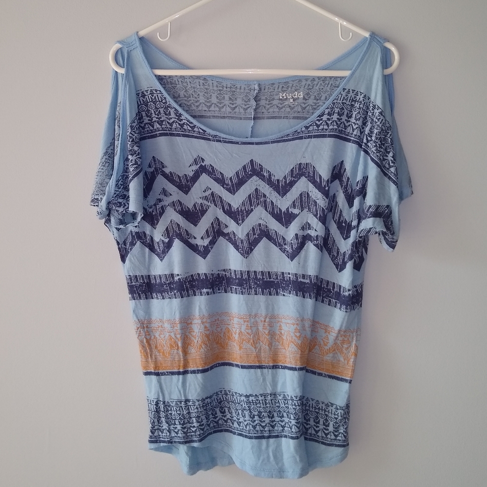 Mudd Short-Sleeve Cold Shoulder T-Shirt Scoop-neck Blue Orange Medium - Picture 7 of 7